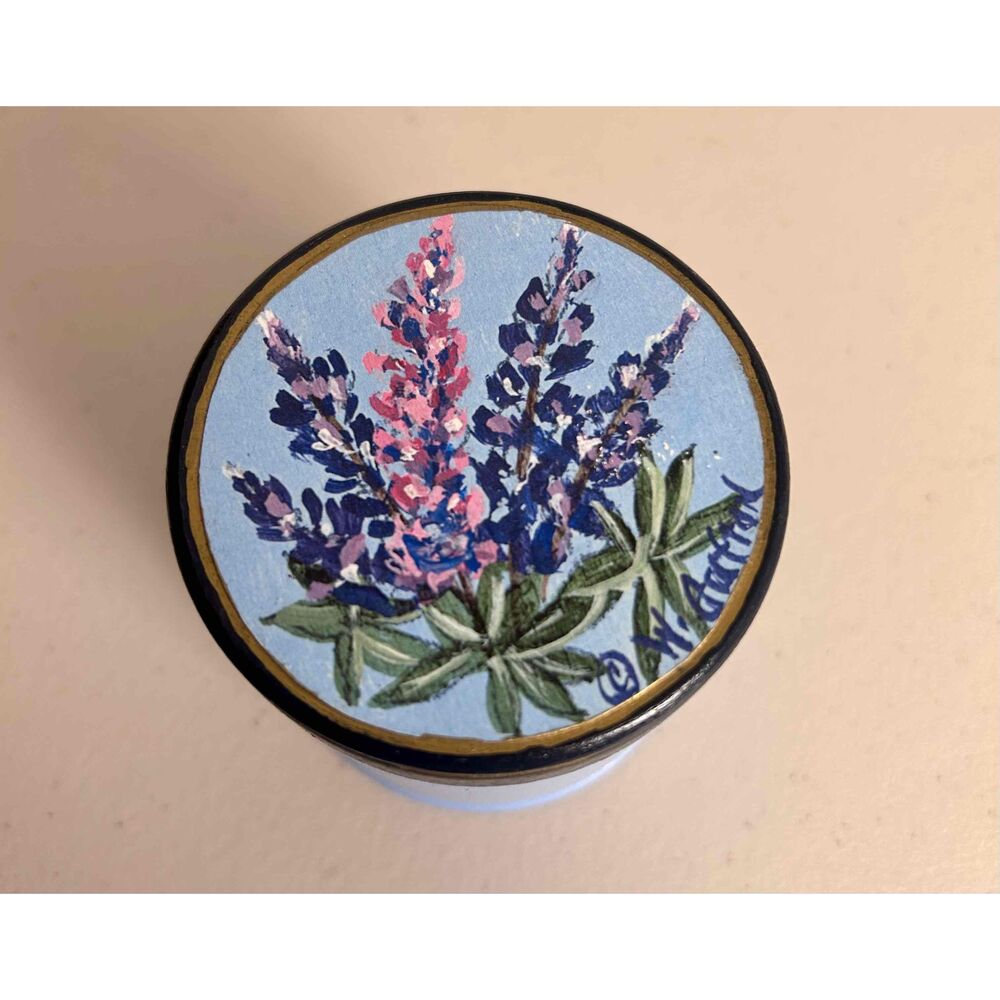 Handmade Floral Wood Container‎ Pink Purple Flowers Blue Background USA